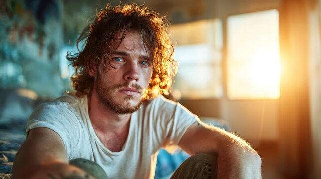 A contemplative young man with tousled hair gazes thoughtfully into the distance, illuminated by warm sunlight in a cozy room, capturing introspective moments in life.