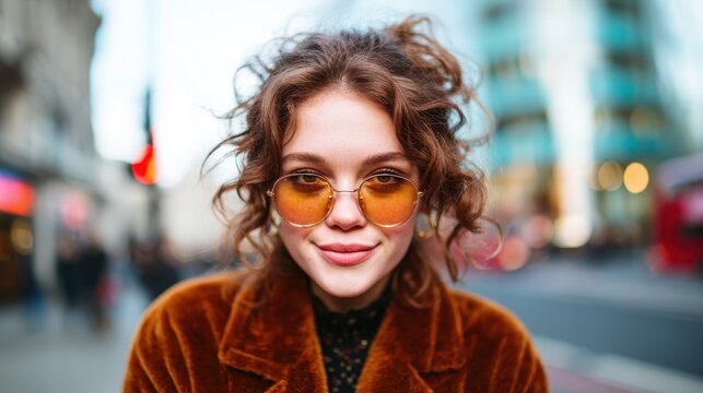 A stylish young woman wearing round, yellow-tinted sunglasses and an earthy brown jacket, exuding confidence and contemporary fashion against an urban backdrop.