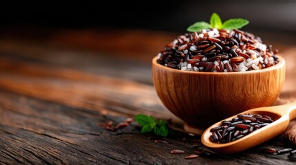 A beautifully arranged bowl of black rice sits on a rustic wooden table, adorned with mint leaves, emphasizing its rich color and suitability for healthy gourmet dishes.
