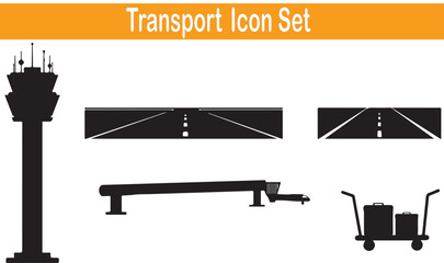 Airport Transportation Icon Set Runway, Tower, and Ground Support Equipment Silhouettes