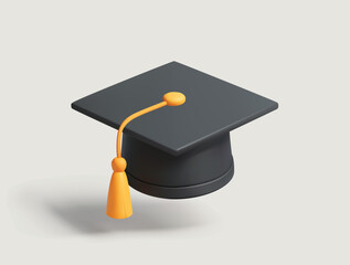 Graduation Cap 3D Icon. Black Mortarboard with Yellow Tassel isolated 3d vector Illustration