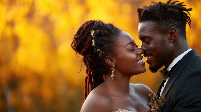 A joyful couple shares an intimate moment surrounded by a beautiful autumn backdrop filled with vibrant hues, capturing love and connection in a stunning outdoor setting.
