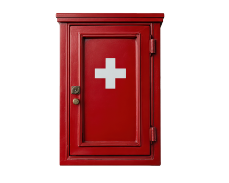 Red emergency box, wall mounted, with white cross symbol, used for safety and first aid supplies in public or workplace environments, isolated on transparency background