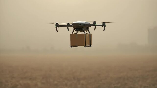 Quad drone carries parcel over hazy field, clean cinematic style, concept logistics speed innovation, use for ecommerce promo courier services, for designers tech banners hero sections, landscape