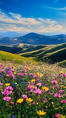 Fototapeta premium Colorful wildflowers blooming in meadow on green hills high resolution picture
