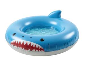 Blue shark swim ring pool float with water, featuring fun cartoon face and sharp teeth, perfect for summer activities, children, and playful outdoor relaxation