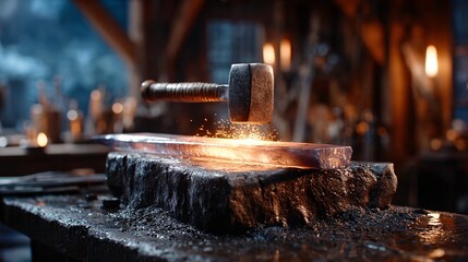 A blacksmith hammer striking a glowing piece of hot metal in a rustic workshop, capturing the essence of traditional metalworking.