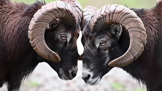 Two Dark Brown Rams Face Off in Close Up