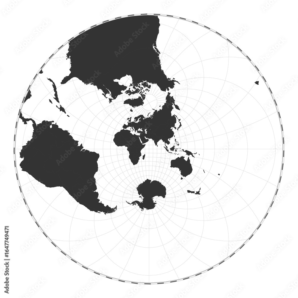Poster Vector world map. Stereographic. Plain world geographical map with latitude and longitude lines. Centered to 60deg W longitude. Vector illustration.
