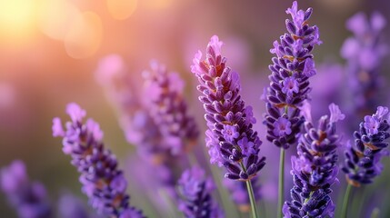 Obraz premium Close - up of Lavender Flowers with Soft Sunset Bokeh Background 