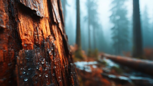 A close-up of tree bark covered in rain droplets creates an enchanting forest atmosphere. The blurred background enhances the mystical quality of nature's beauty.