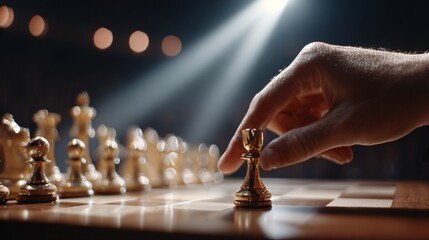A tense chess match captured with a close-up of a hand moving a chess piece under dramatic lighting, emphasizing strategic gameplay.