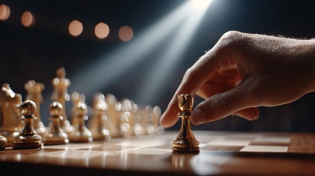 A tense chess match captured with a close-up of a hand moving a chess piece under dramatic lighting, emphasizing strategic gameplay.