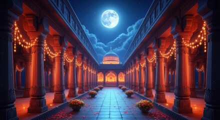 Enchanting Courtyard Under a Full Moon with Festive Lights