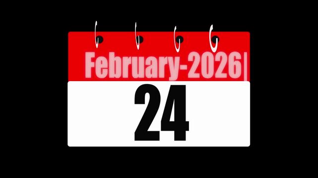 February 2026 - Daily Calendar Icon in flat design style on blank background, Icon calendar day 24 February  of the year 4k video .