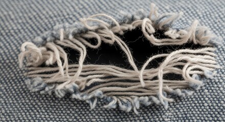 Torn Denim Fabric Hole with Frayed Edges on Blue Jeans Material