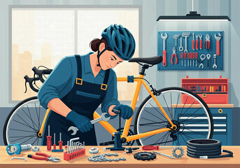 Woman cyclist repairing her bicycle in a home workshop illustration