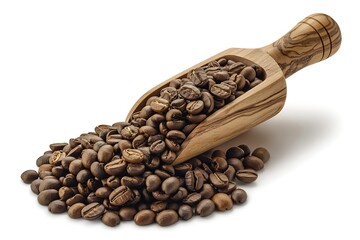 Obraz premium Roasted coffee beans in a wooden scoop isolated on white background