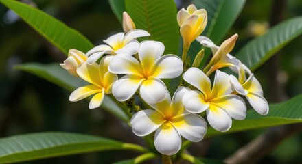 Close up of beautiful white and yellow plumeria flowers blooming in a tropical garden on a sunny day