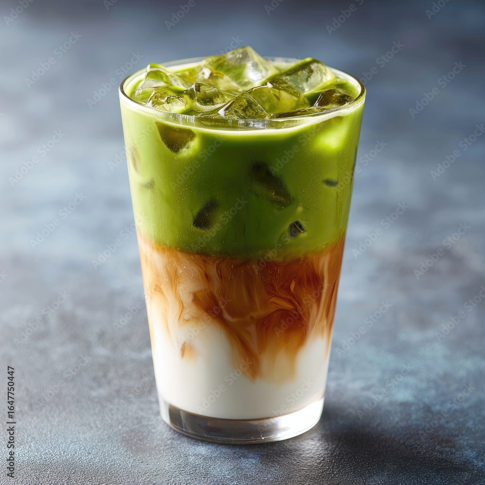 Poster close-up of a refreshing iced matcha latte.