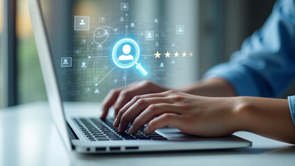 Hands typing on a laptop, with a glowing magnifying glass over a user icon and five stars, surrounded by digital profile symbols, representing talent search or recruitment.