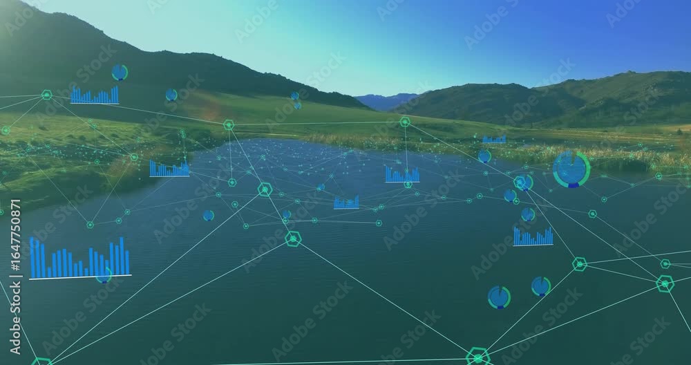 Poster on start digital network mesh emerging over lake, visualizing green nodes linking with data graphs