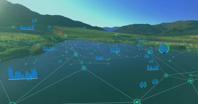 On start digital network mesh emerging over lake, visualizing green nodes linking with data graphs