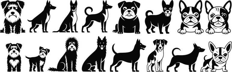 Vector illustration of various dog breeds, black and white dog silhouettes, dog portraits, canine collection, different dog types, pet animals, isolated dog designs