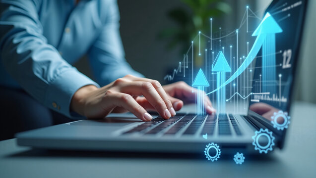 Hands typing on a laptop, with glowing blue upward arrows, graphs, and gears, representing business growth or data driven success.