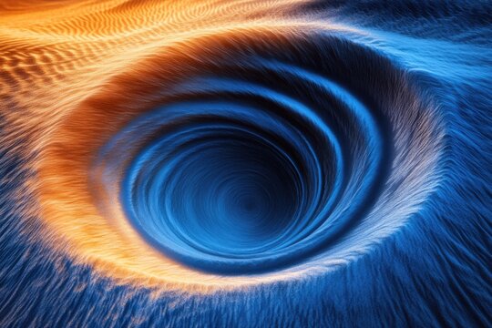 Abstract swirling vortex of blue and orange hues, resembling a cosmic whirlpool or deep ocean current.