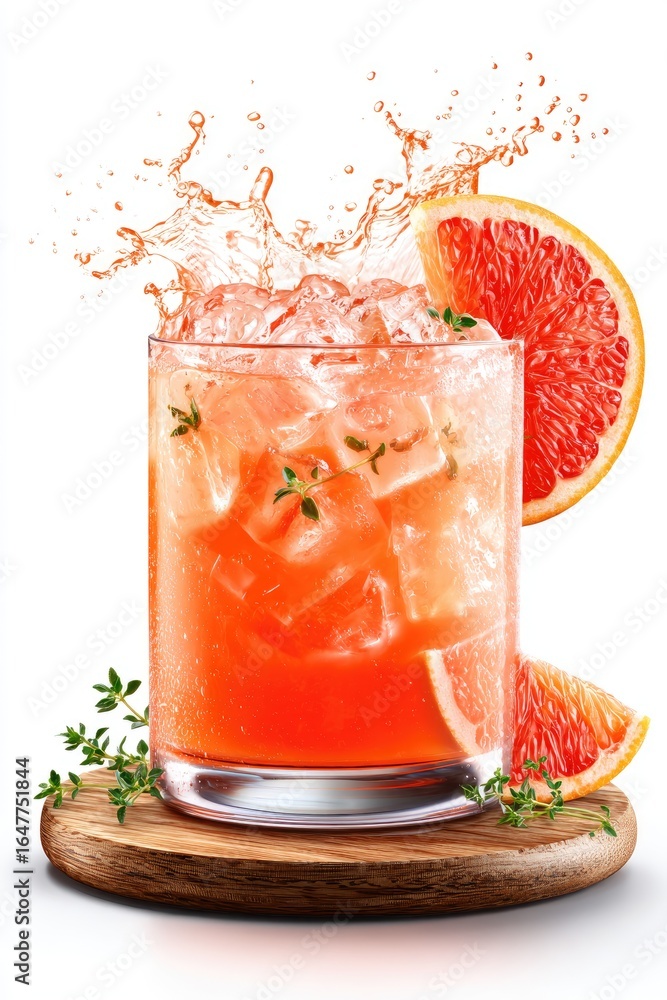 Poster refreshing grapefruit drink with ice and thyme.