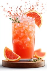 Refreshing grapefruit drink with ice and splash.