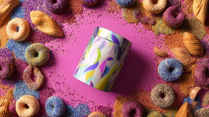 Colorful donuts with sprinkles around coffee cup on bright pink background