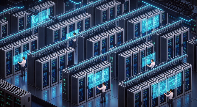 Isometric server room with professional technicians working on data processing - Powered by Adobe
