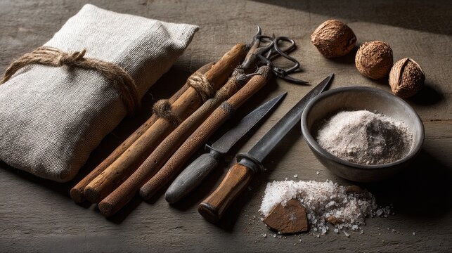Vintage baking tools with flour and walnuts on rustic wooden surface background