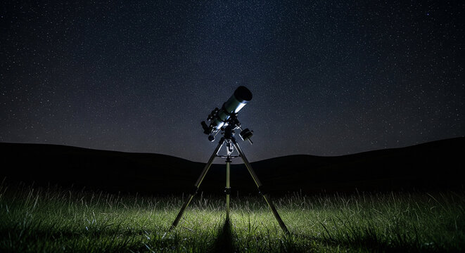 Astronomy telescope on hill at night starry sky view cosmos and science concept - Powered by Adobe