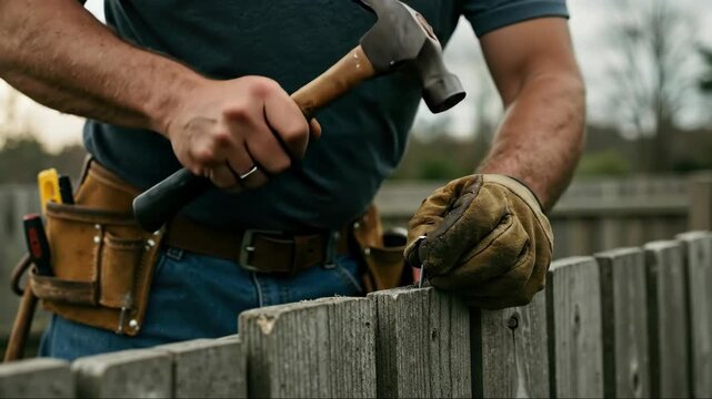 Hands hammering nail to fix wooden fence, tool belt and gloves visible, cinematic detailed look, concept of diy repair, home maintenance and handyman services, perfect for tutorials, horizontal