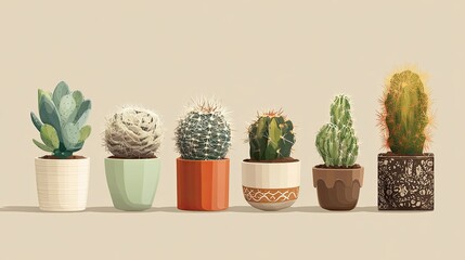 Row of potted cacti and succulents