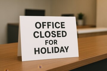 Office Closed for Holiday tabletop sign at reception, temporary closure notice