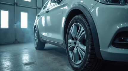Car wheels and bumper drying in a professional spray booth under bright white lights, capturing the careful steps in auto body repair to achieve a polished, smooth finish.