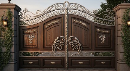 Elegant Wooden Gate with Ornate Ironwork and Decorative Details in Classic Style