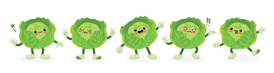 Cute cabbage cartoon characters with different emotions and gestures such as happy, sad, angry, excited, and playful. Perfect for kids education, healthy food content, stickers and emojis.