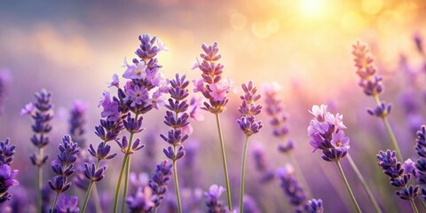 Obraz premium Serene Lavender Field at Golden Hour Delicate Purple Blossoms Basking in Warm Sunlight, a Breathtaking Natural Scene of Tranquil Beauty