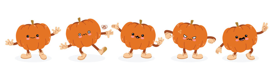 A cute pumpkin cartoon mascot character in a variety of emotional expressions. Flat vector design perfect for UI elements, educational materials, emoji sets, web design, and character animation.
