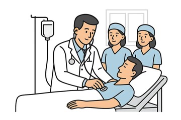 illustration of a doctor examining a patient lying on a hospital bed, accompanied by two nurses