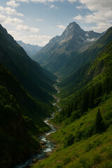 Obraz premium Deep mountain valley with a winding river, surrounded by towering cliffs and lush greenery.