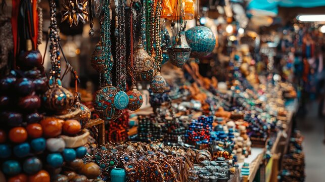 Traditional market stall with colorful hanging lamps and handcrafted decorations