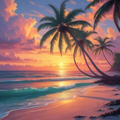 Obraz premium Sunset Paradise Tropical Beach Scene with Palm Trees and Ocean Waves