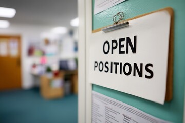 Open Positions clipboard on office wall, HR vacancies bulletin with clean typography