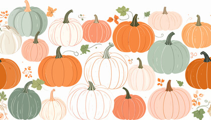 Festive Autumn Harvest Pattern with Assorted Pumpkins and Fall Foliage